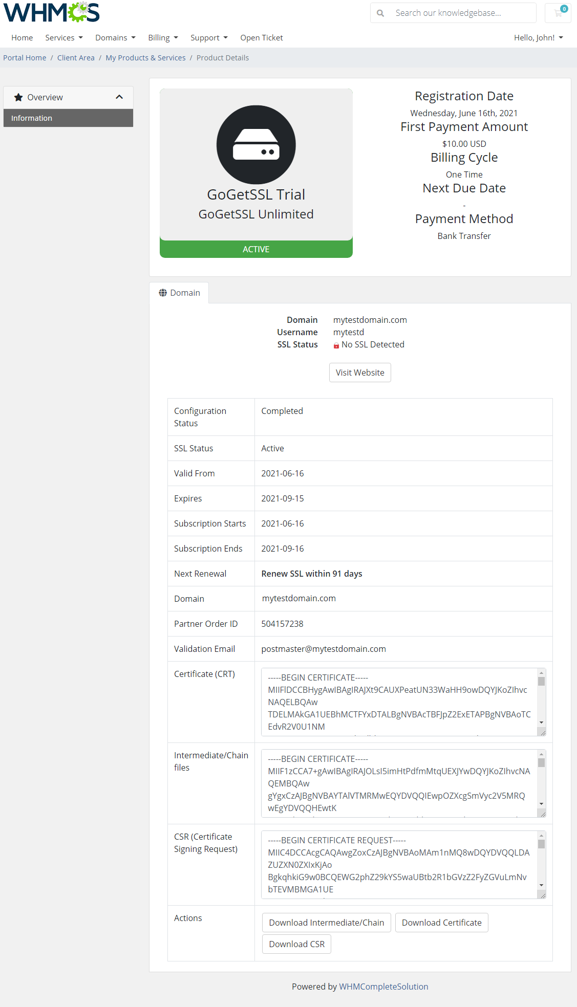 Products Reseller For WHMCS: WHMCS client area page of a resold GoGetSSL certificate with dates and certificate fields