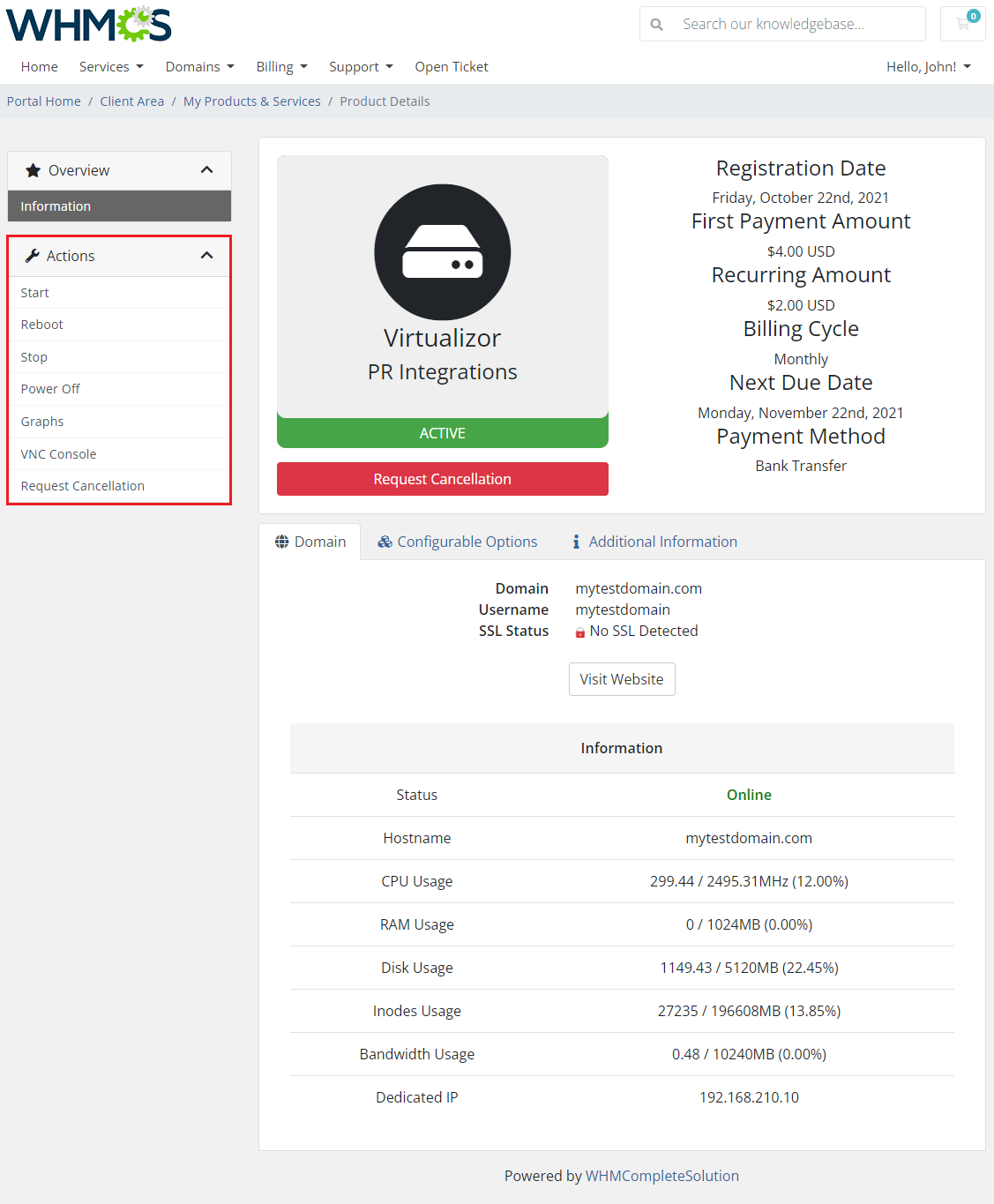Products Reseller For WHMCS: WHMCS client area page of a resold Virtualizor service with the Actions menu and usage