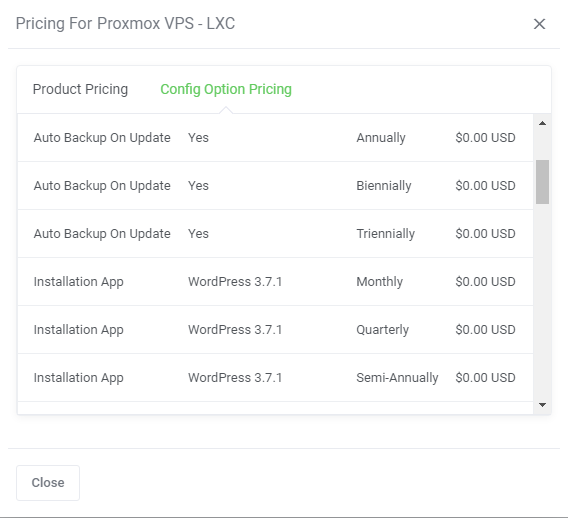Products Reseller For WHMCS: pricing dialog for Proxmox VPS - LXC, Config Option Pricing tab with option prices per