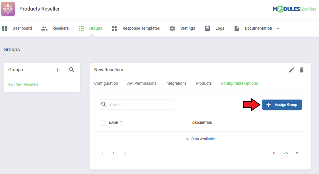 Products Reseller For WHMCS: the Configurable Options tab of a reseller group with no data and the Assign Group button