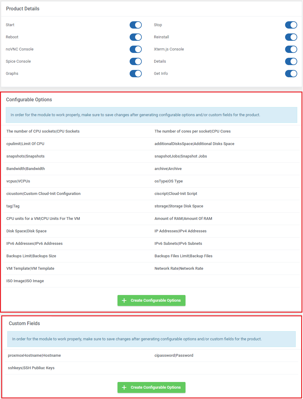Products Reseller For WHMCS: Product Details switches with generated Configurable Options and Custom Fields lists