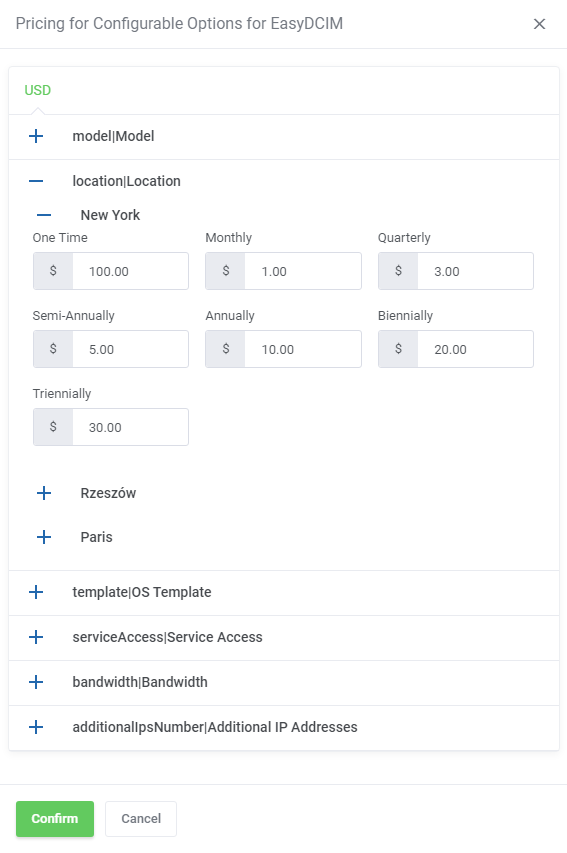 Products Reseller For WHMCS: pricing dialog for configurable options of an EasyDCIM group with billing cycle price