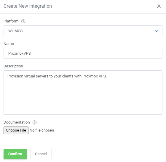 Products Reseller For WHMCS: the Create New Integration dialog with platform, name, description and documentation file