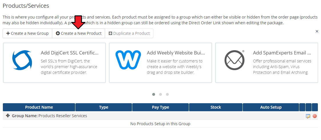 Products Reseller For WHMCS: WHMCS Products/Services page with the new group and an arrow on Create a New Product (2)