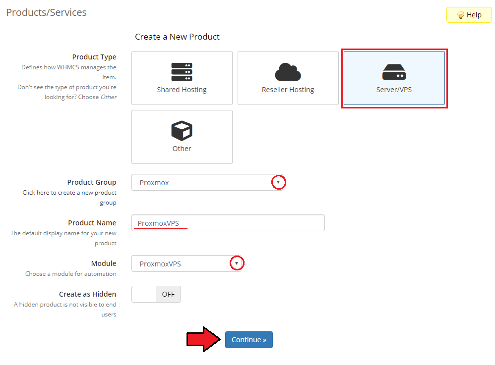 Products Reseller For WHMCS: WHMCS Create a New Product form with Server/VPS type, product group, name and module