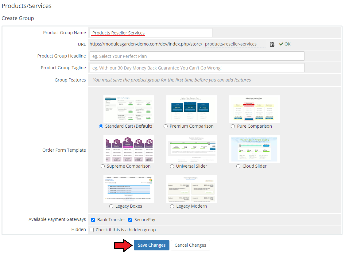 Products Reseller For WHMCS: WHMCS Create Group form with the group name Products Reseller Services and Save Changes