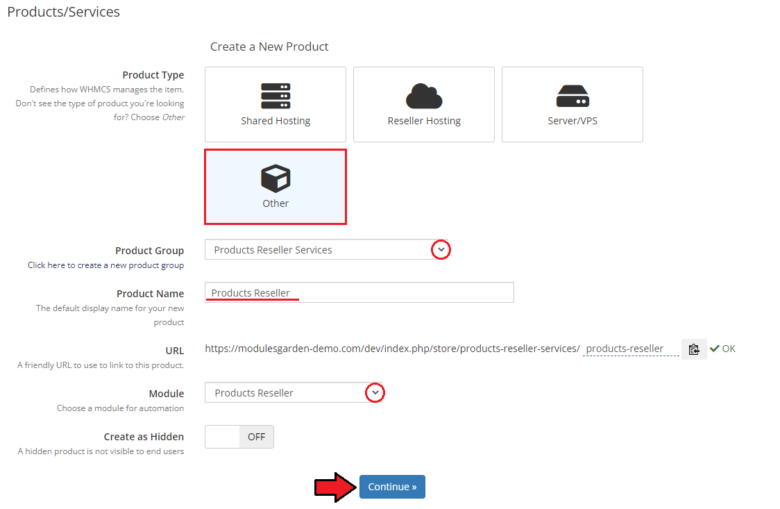 Products Reseller For WHMCS: WHMCS Create a New Product form with Other type, group, name and Products Reseller module