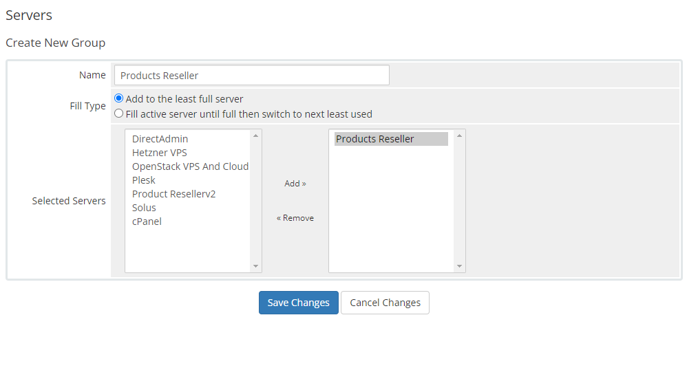 Products Reseller For WHMCS: WHMCS Create New Group form with the group name and the server moved to selected servers