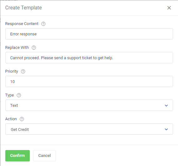 Products Reseller For WHMCS: filled Create Template form with Type Text and Action Get Credit and the Confirm button