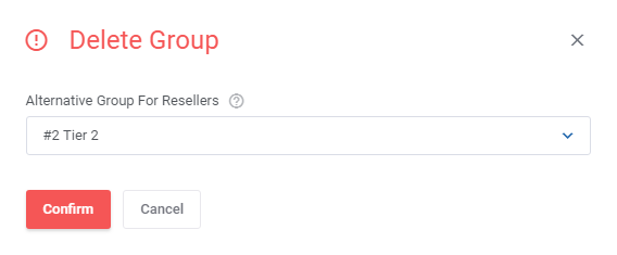 Products Reseller For WHMCS: Delete Group dialog with the alternative group for resellers dropdown and Confirm button