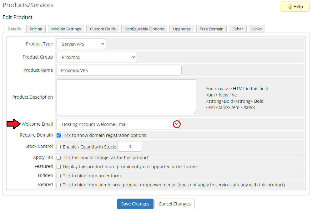 Products Reseller For WHMCS: WHMCS Edit Product Details tab with an arrow on the Welcome Email dropdown