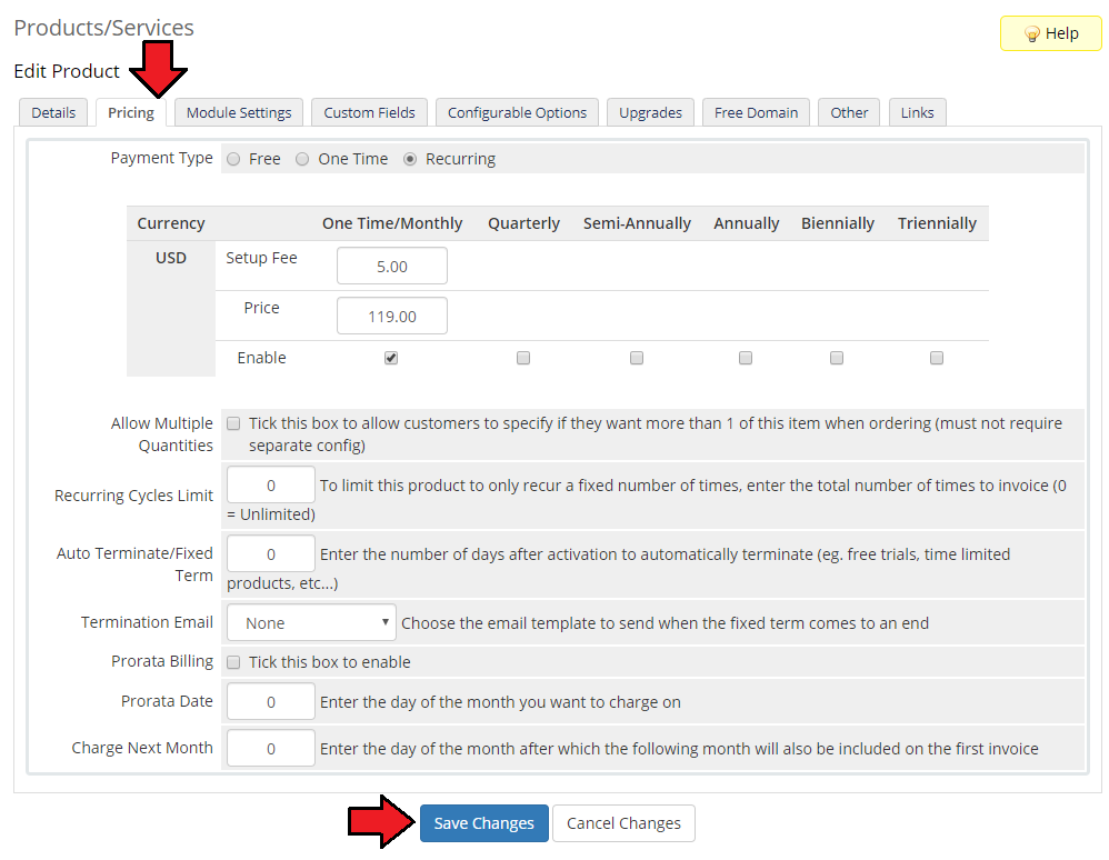 Products Reseller For WHMCS: WHMCS Edit Product Pricing tab with recurring payment type, setup fee and monthly price