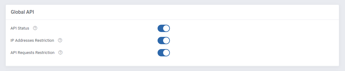 Products Reseller For WHMCS: the Global API section in Settings with API status and restriction toggles
