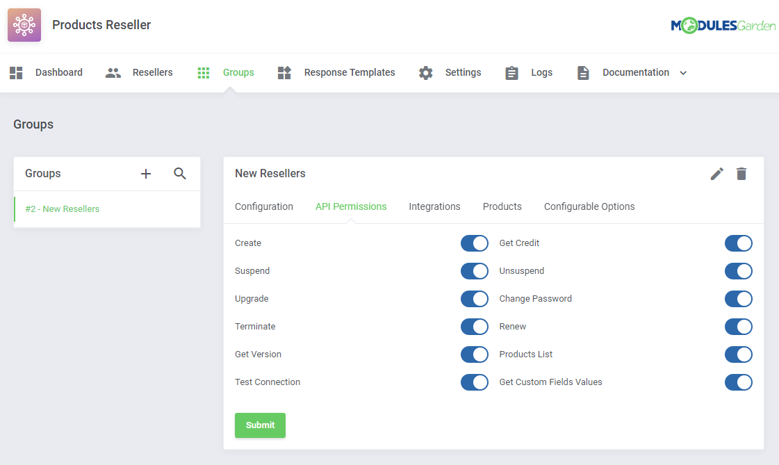 Products Reseller For WHMCS: the API Permissions tab of a reseller group with toggles for each API action