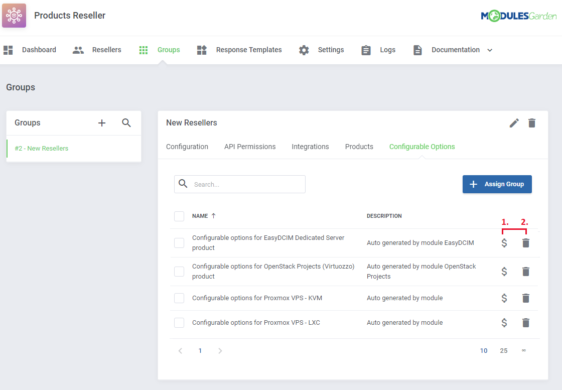 Products Reseller For WHMCS: Configurable Options tab of a reseller group with assigned groups, pricing and unassign
