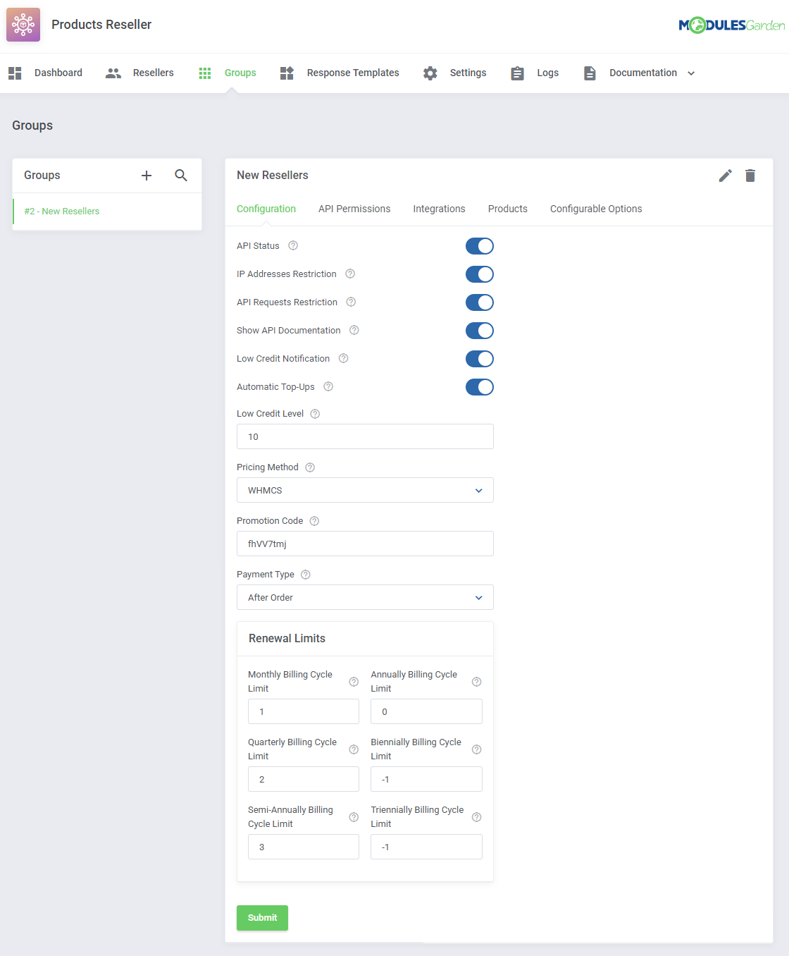 Products Reseller For WHMCS: the Configuration tab of a reseller group with API, credit, pricing and renewal limit