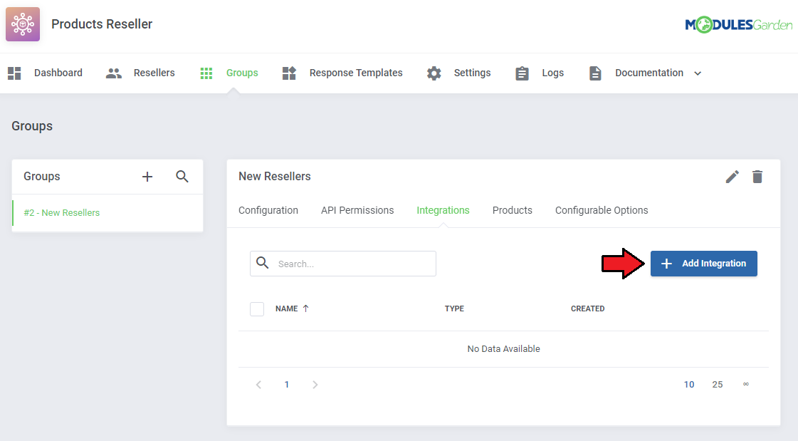 Products Reseller For WHMCS: the Integrations tab of a reseller group with the Add Integration button marked