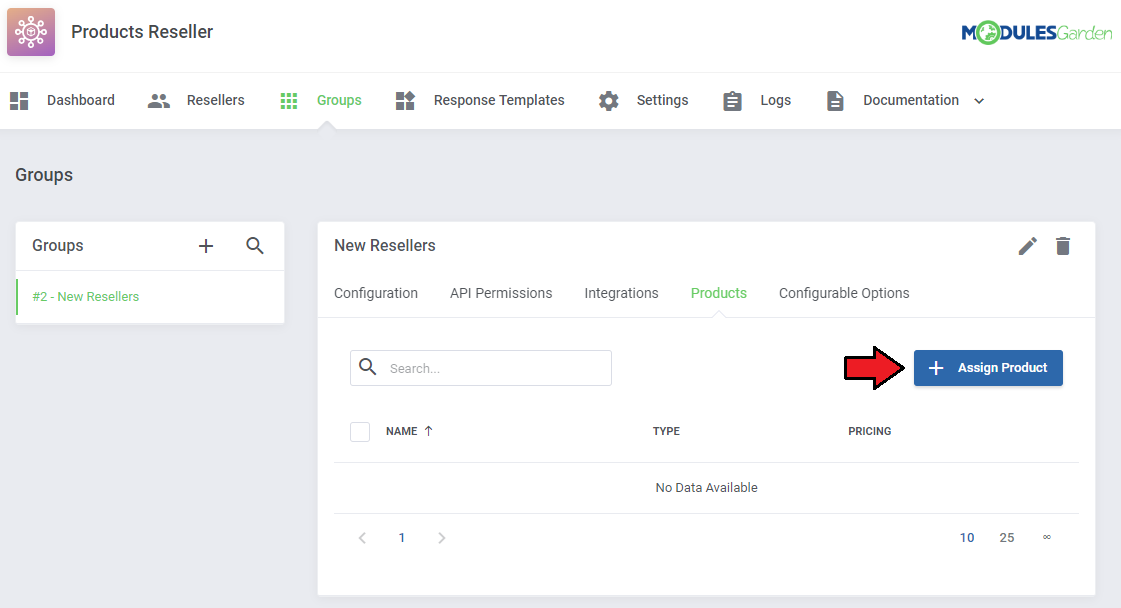 Products Reseller For WHMCS: the Products tab of a reseller group with no data and the Assign Product button marked