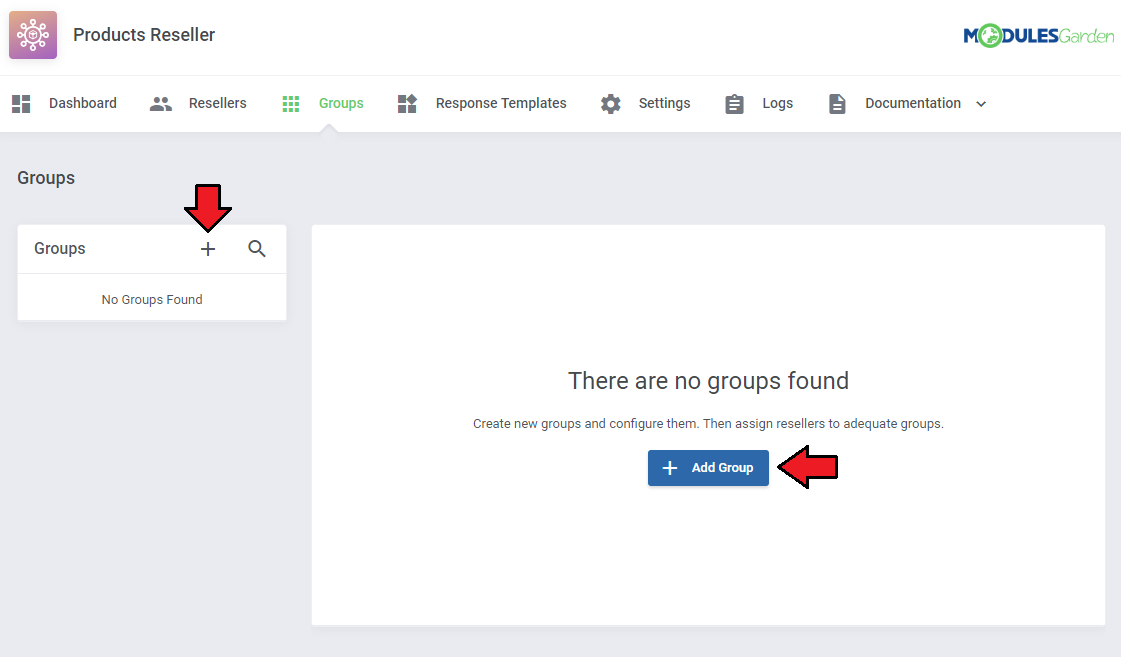 Products Reseller For WHMCS: the Groups tab with no groups found and the Add Group buttons marked