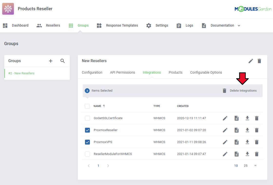 Products Reseller For WHMCS: the Integrations list with three items selected and the Delete Integrations button