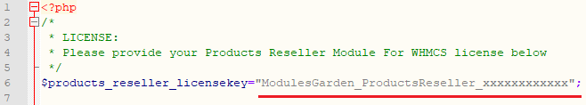 Products Reseller For WHMCS: the license.php file in a text editor with the license key entered between quotation marks