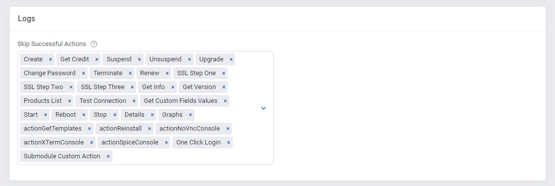 Products Reseller For WHMCS: the Logs section in Settings with the Skip Successful Actions field