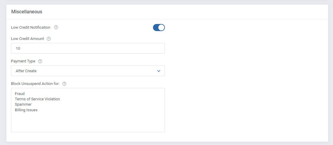 Products Reseller For WHMCS: the Miscellaneous section in Settings with low credit, payment type and blocked phrases