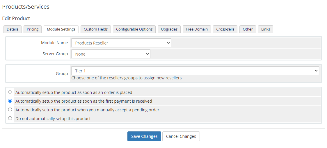 Products Reseller For WHMCS: WHMCS Module Settings tab for the Products Reseller module with the reseller Group dropdown