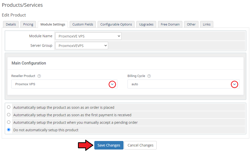 Products Reseller For WHMCS: WHMCS Module Settings tab with Reseller Product and Billing Cycle dropdowns