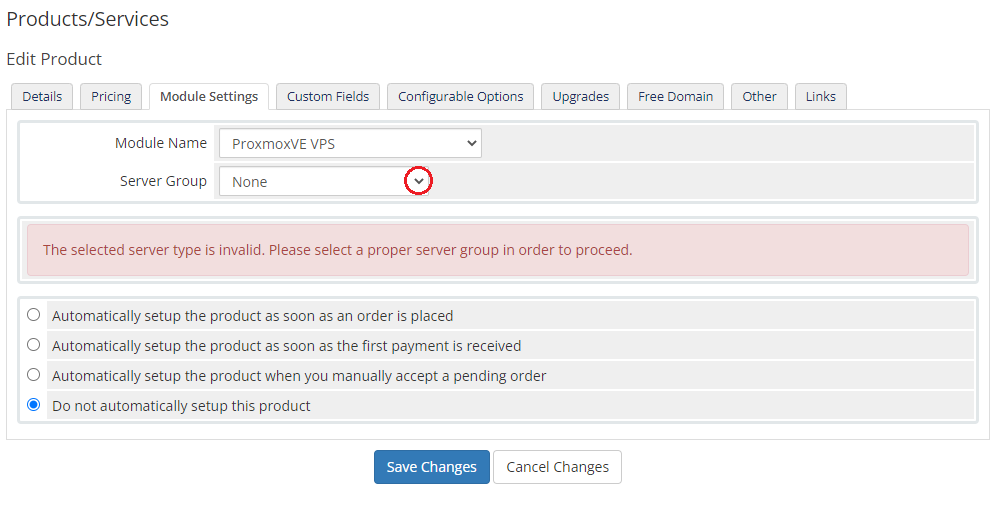Products Reseller For WHMCS: WHMCS Module Settings tab with the server group dropdown and an invalid server type warning