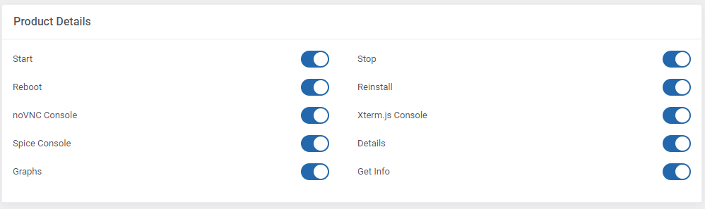 Products Reseller For WHMCS: Product Details switches for Start, Stop, Reboot, Reinstall, consoles, Graphs and Get Info