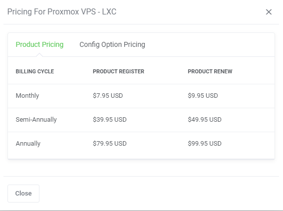 Products Reseller For WHMCS: pricing dialog for Proxmox VPS - LXC, Product Pricing tab with billing cycles and prices