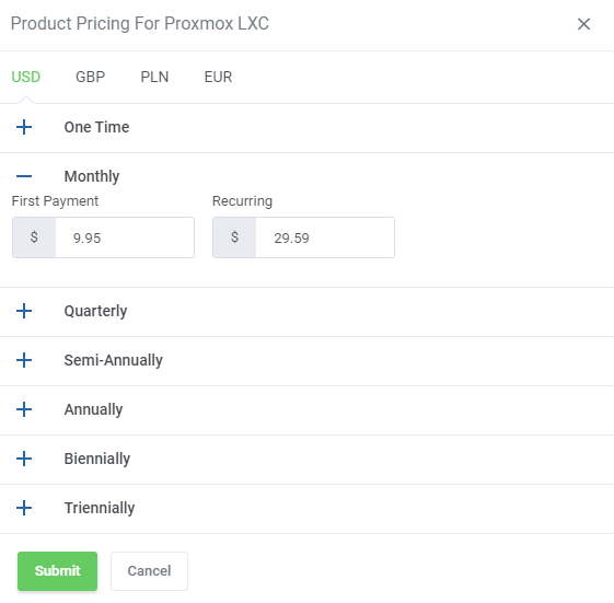 Products Reseller For WHMCS: the Product Pricing dialog for Proxmox LXC with currency tabs and monthly price fields