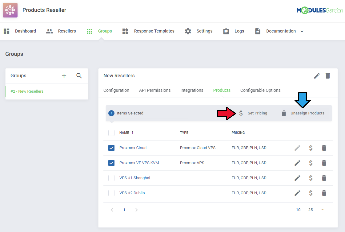 Products Reseller For WHMCS: the Products tab with selected items and the Set Pricing and Unassign Products buttons