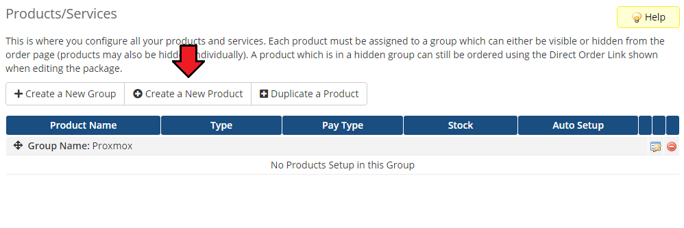 Products Reseller For WHMCS: WHMCS Products/Services page with the new group and an arrow on Create a New Product