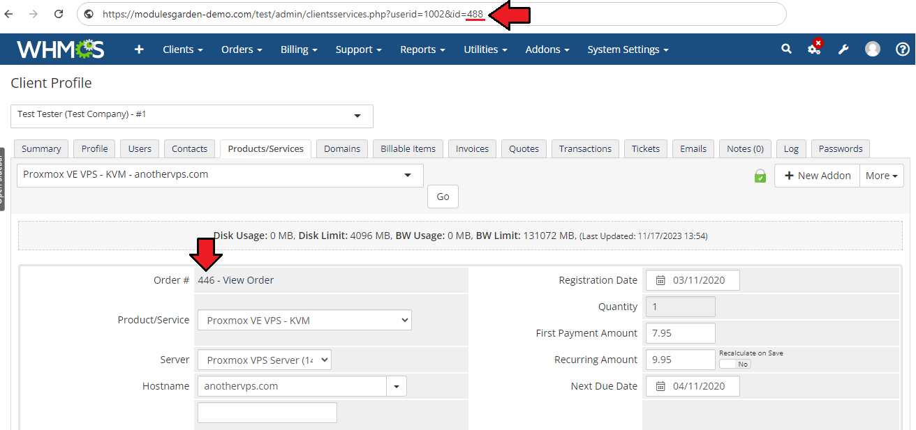 Products Reseller For WHMCS: Provider WHMCS admin client service page with the service ID in the URL and the order