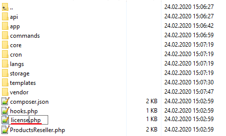 Products Reseller For WHMCS: a file manager with the licenseRENAME.php file being renamed to license.php