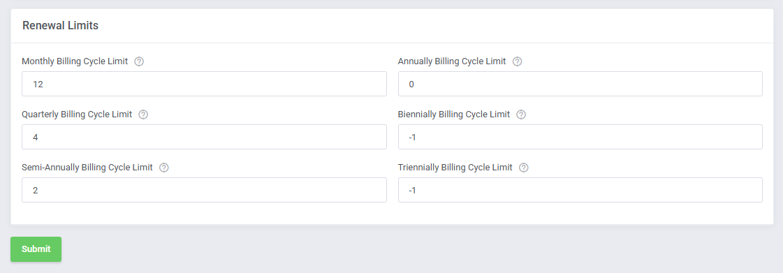 Products Reseller For WHMCS: the Renewal Limits section in Settings with billing cycle limit fields and the Submit
