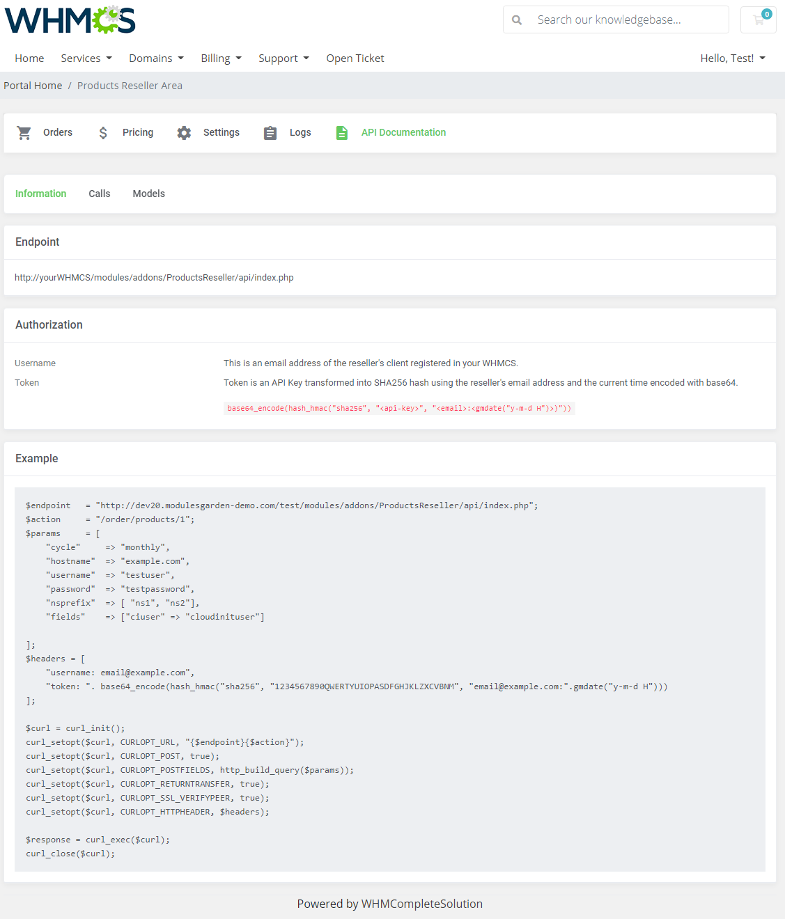 Products Reseller For WHMCS: client area Reseller Area, API Documentation Information tab with endpoint and example