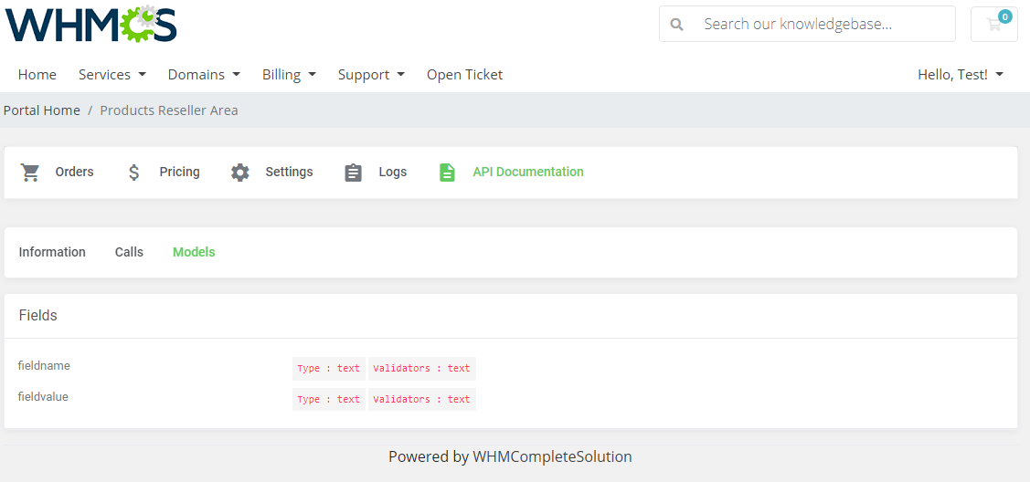 Products Reseller For WHMCS: client area Reseller Area, API Documentation Models tab with the fieldname and fieldvalue