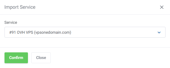 Products Reseller For WHMCS: Import Service dialog in the Reseller Area with a service dropdown and Confirm button