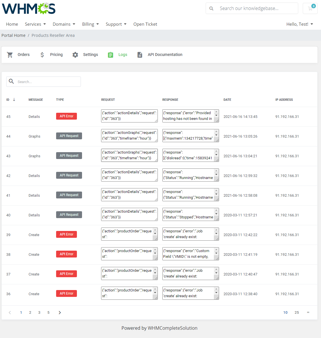 Products Reseller For WHMCS: client area Reseller Area, Logs tab with API requests and errors and their responses
