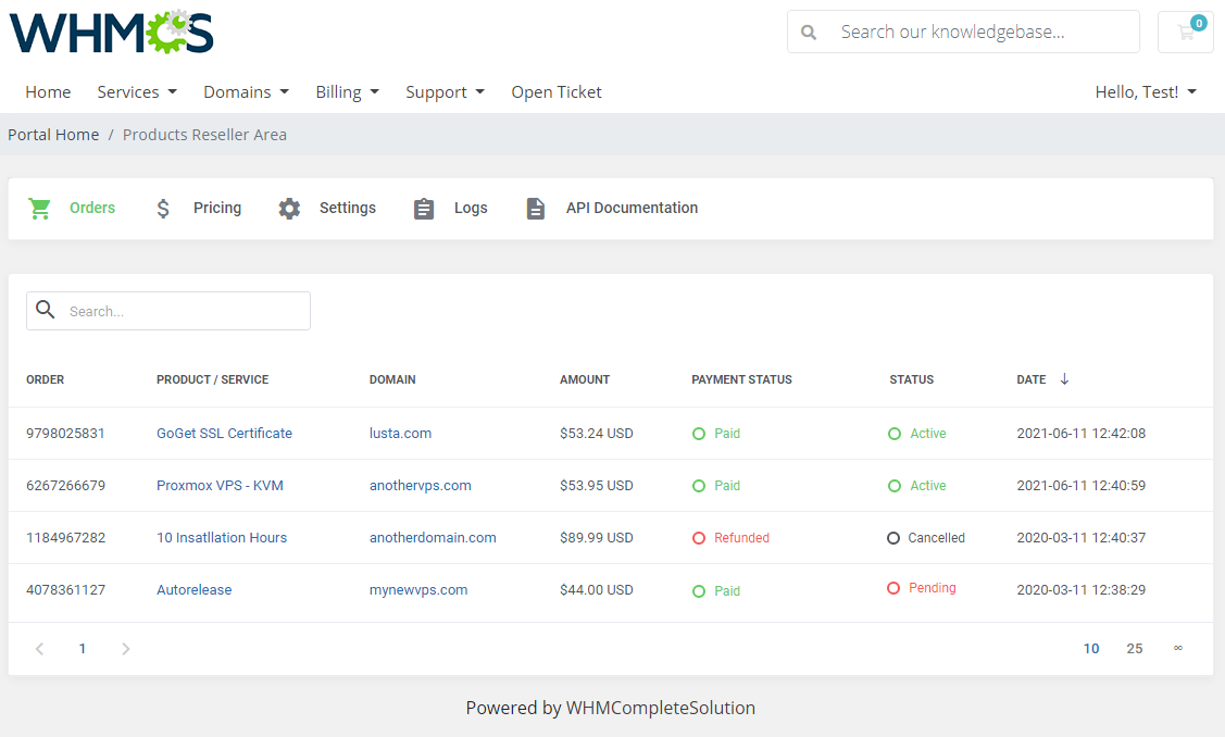 Products Reseller For WHMCS: client area Reseller Area, Orders tab with products, domains, amounts and payment statuses