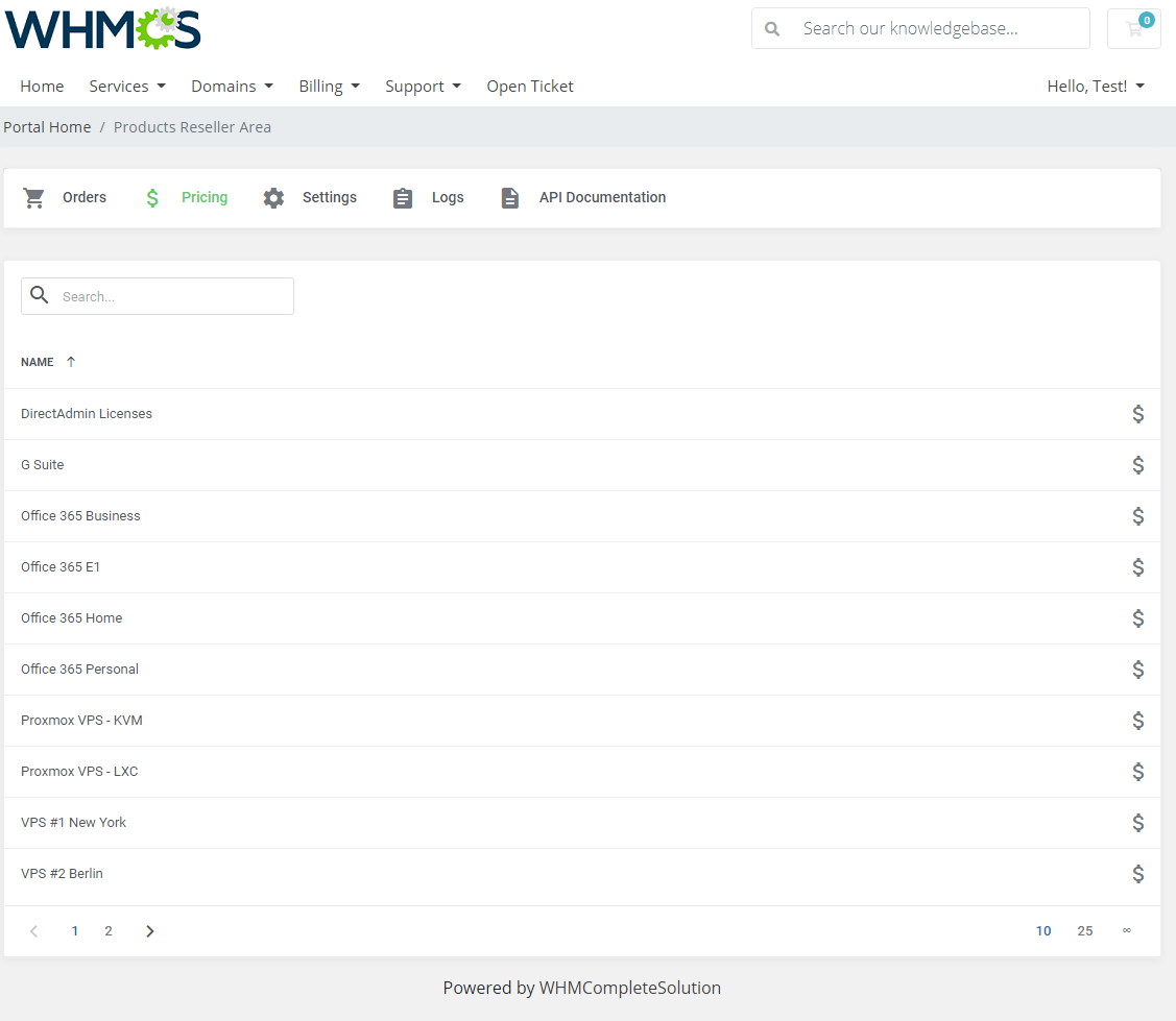 Products Reseller For WHMCS: client area Reseller Area, Pricing tab with a list of products and pricing icons