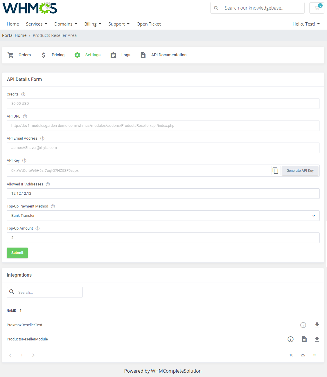 Products Reseller For WHMCS: client area Reseller Area, Settings tab with the API Details Form and Integrations list