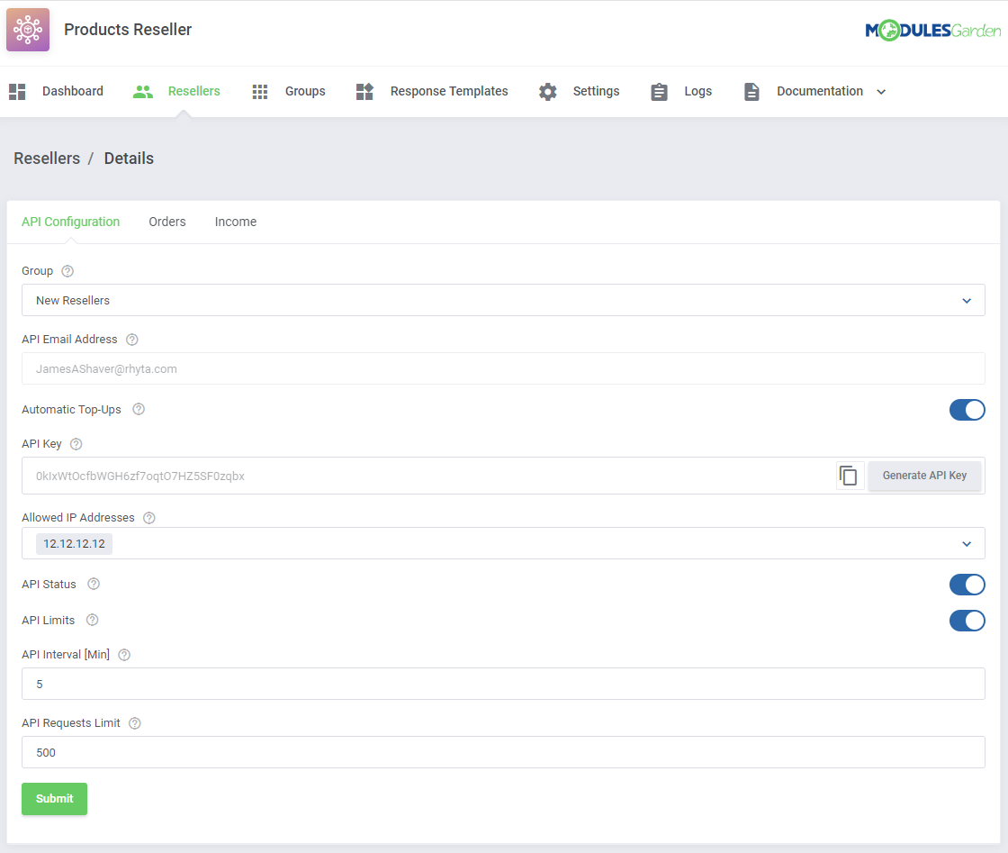Products Reseller For WHMCS: reseller Details page, API Configuration tab with the Automatic Top-Ups switch and API key