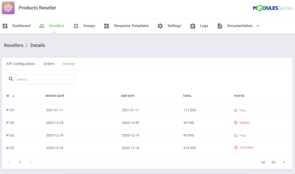 Products Reseller For WHMCS: reseller Details page, Income tab with a list of invoices, dates, totals and statuses