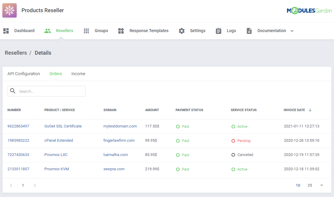 Products Reseller For WHMCS: reseller Details page, Orders tab with products, domains, amounts and payment and service