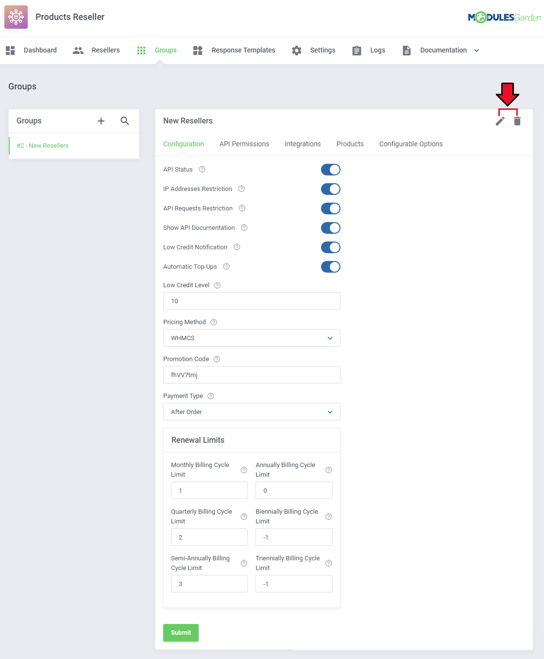 Products Reseller For WHMCS: reseller group Configuration tab with API settings, renewal limits and edit and delete