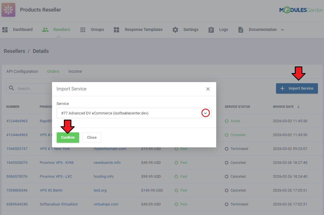 Products Reseller For WHMCS: Import Service dialog on the reseller Orders tab with the service dropdown and Confirm